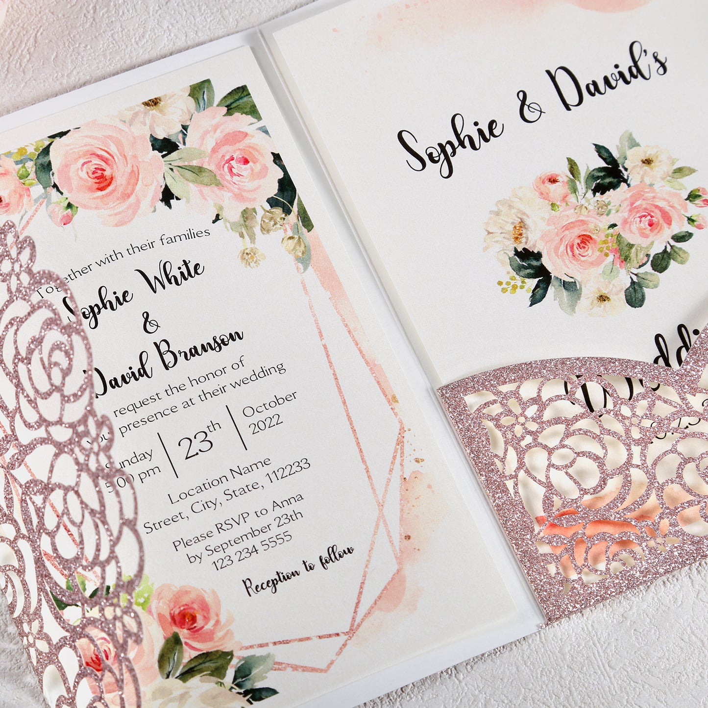 4.7 x7 inch Rose Gold Laser Cut Hollow Rose Wedding Invitations Cards with Glitter Pockets and Envelopes for Wedding Bridal Shower - DorisHome