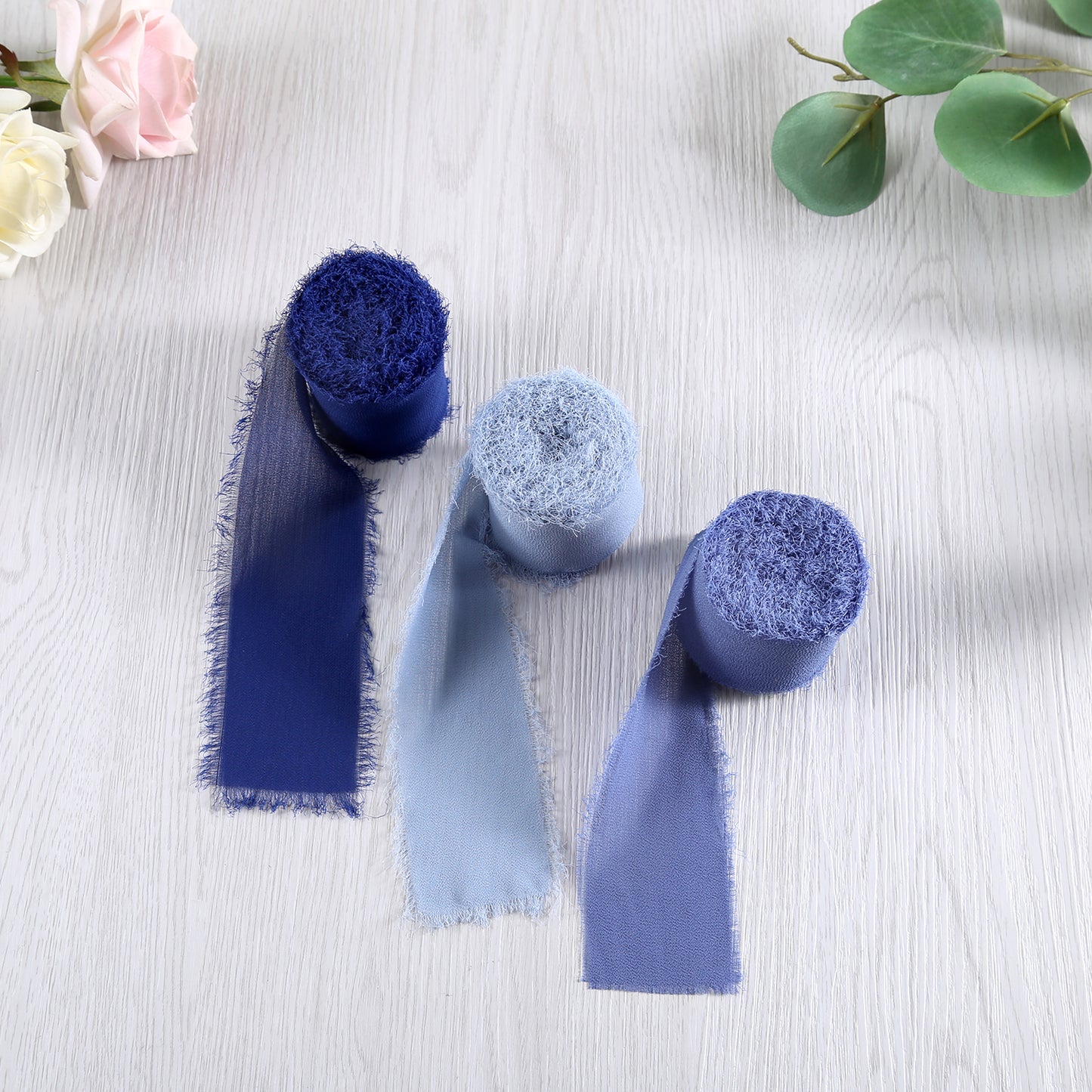 Handmade Fringe Chiffon Silk-Like Ribbon 2" x 7Yd Set of 3 Rolls Ribbons for Wedding Invitations, Bouquets, Gift Wrapping (3 Rolls Navy Blue/Crayola Blue/Dusty Blue)