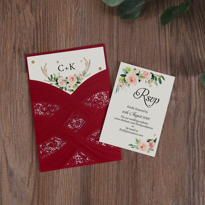 Vertical Laser Cut Wedding Invitation with Red Hollow Flora - DorisHome