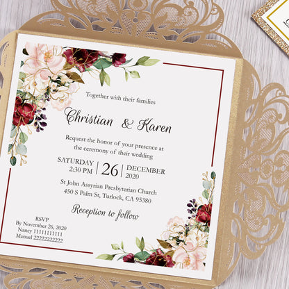 Square Gold Laser Cut Lace Flower Invitations Cards - DorisHome