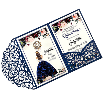 4.7 x7 inch Blue Laser Cut Hollow Rose Quinceanera Invitations Cards with Envelopes for Quinceanera Party