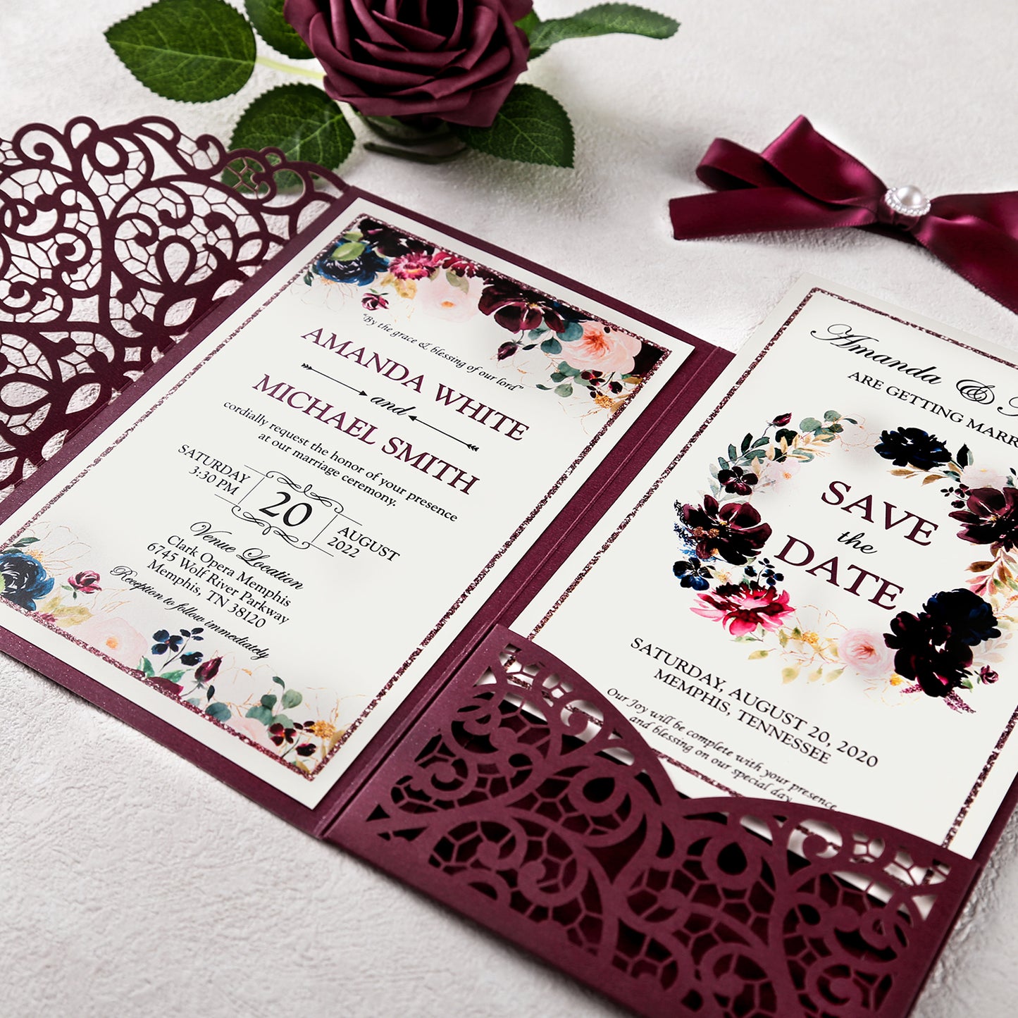 4.7 x7 inch Burgundy Laser Cut Hollow Rose Wedding Invitations Cards with Envelopes for Wedding Party