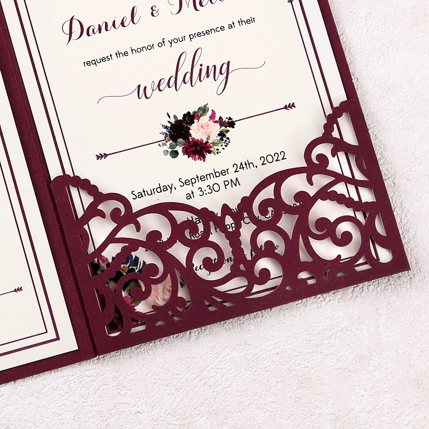 4.7 x7 inch Burgundy Laser Cut Wedding Invitations With Envelopes Kit Hollow Rose Pocket And Gold Glitter Belly Band for Wedding Bridal Shower Engagement Invite