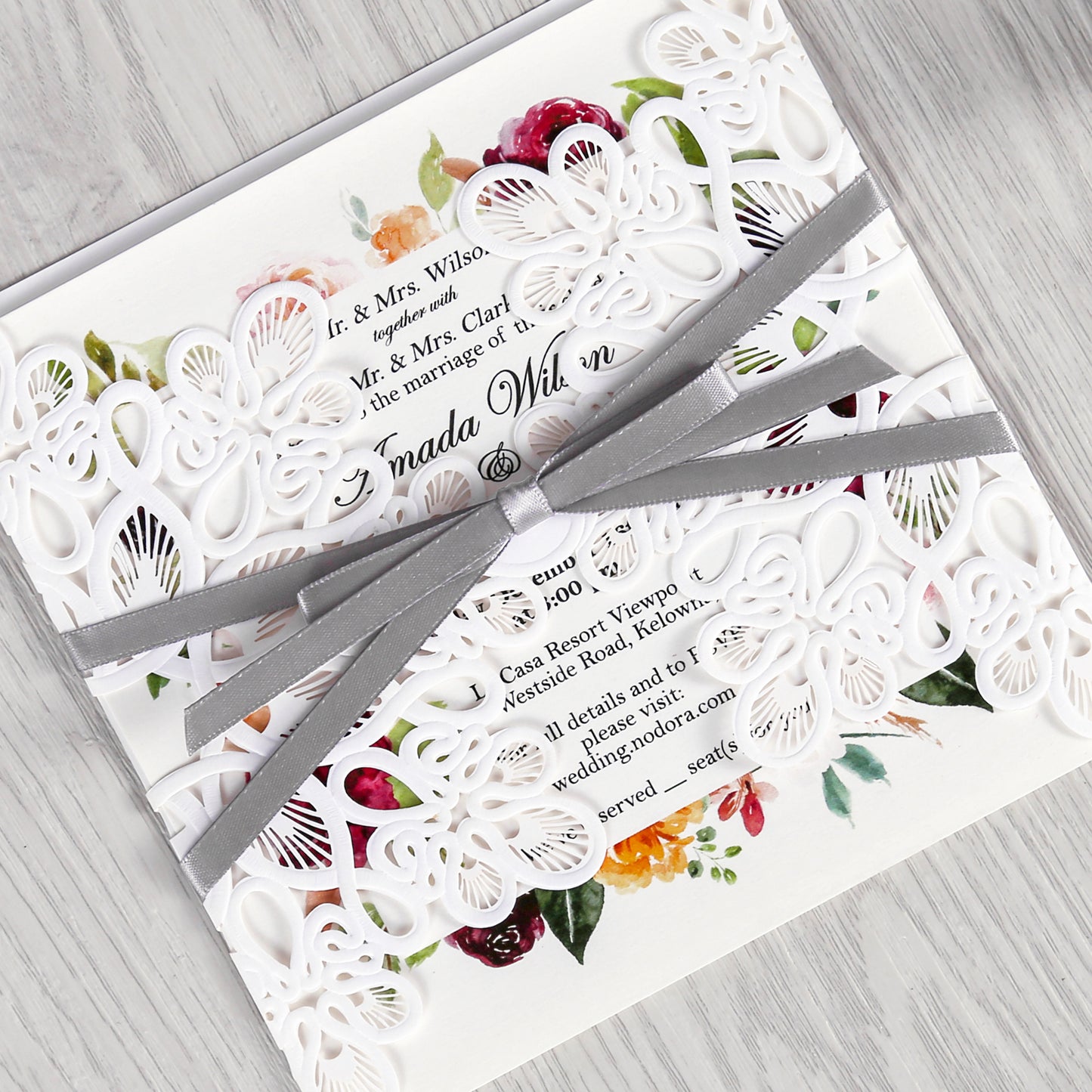 White Laser Cut with Gray Bowknot wedding invitation
