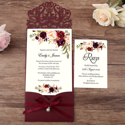 Burgundy Floral Laser cut invitation cards with ribbon bellyb band and pearl for wedding - DorisHome