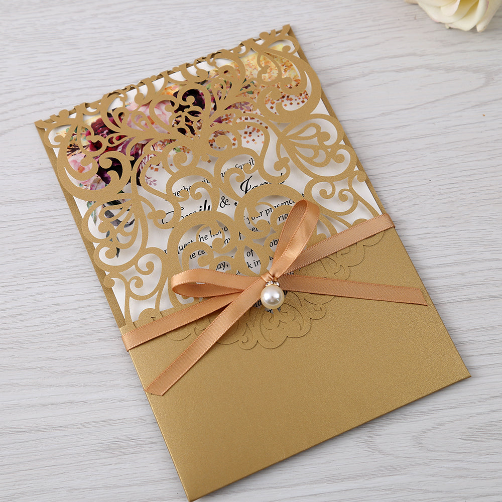 Gold Floral Laser Cut Invitation Card With Belly Band And Pearl For Wedding Anniversary - DorisHome