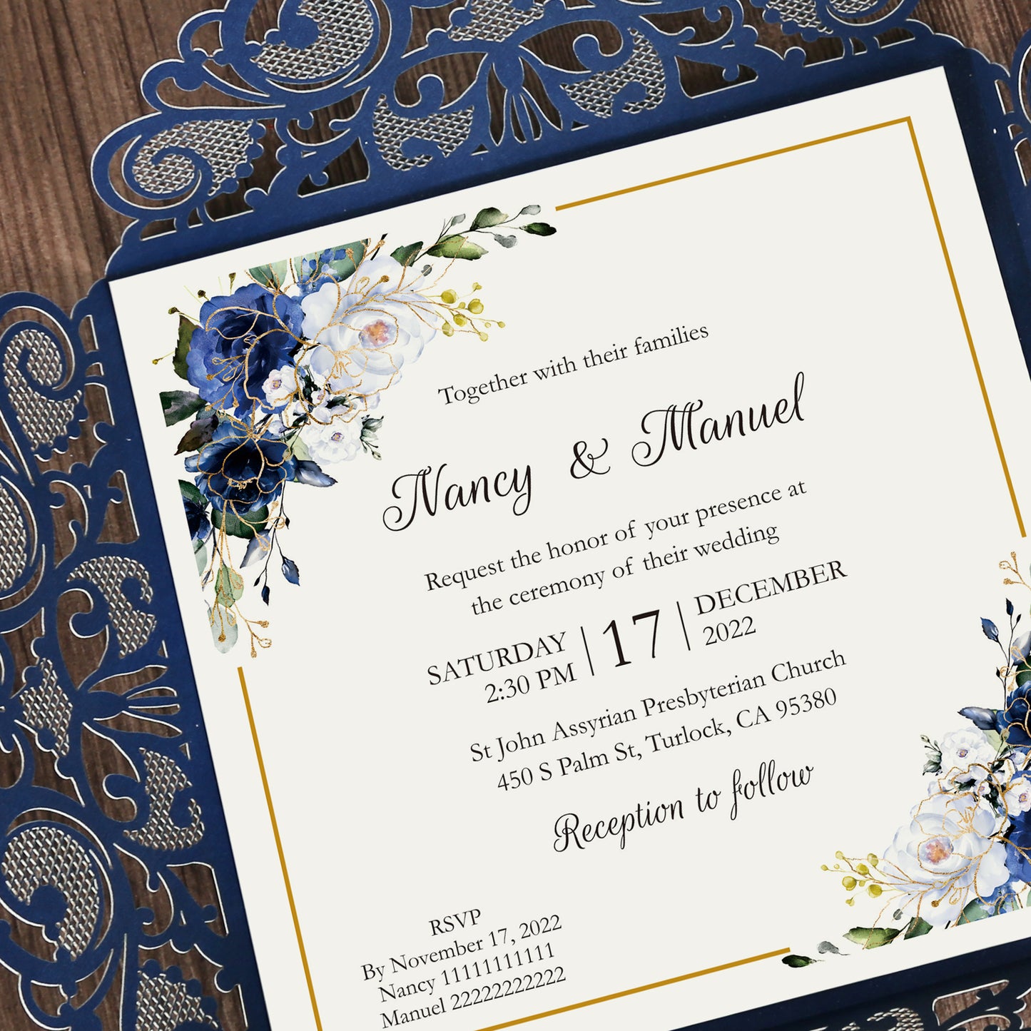 Square Blue Wedding Invitations with Glitter Belly Band for Wedding