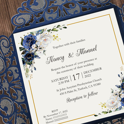 DreamBuilt Square Blue Wedding Invitations with Glitter Belly Band for Wedding - DorisHome
