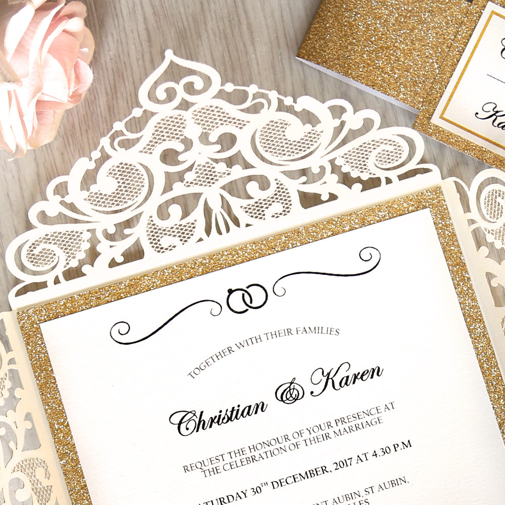 Square Ivory Wedding Invitations with Gold Glitter Border with Gold Band for Wedding, Bridal Shower, Dinner, Party - DorisHome