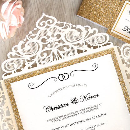 Square Ivory Wedding Invitations with Gold Glitter Border with Gold Band for Wedding, Bridal Shower, Dinner, Party - DorisHome