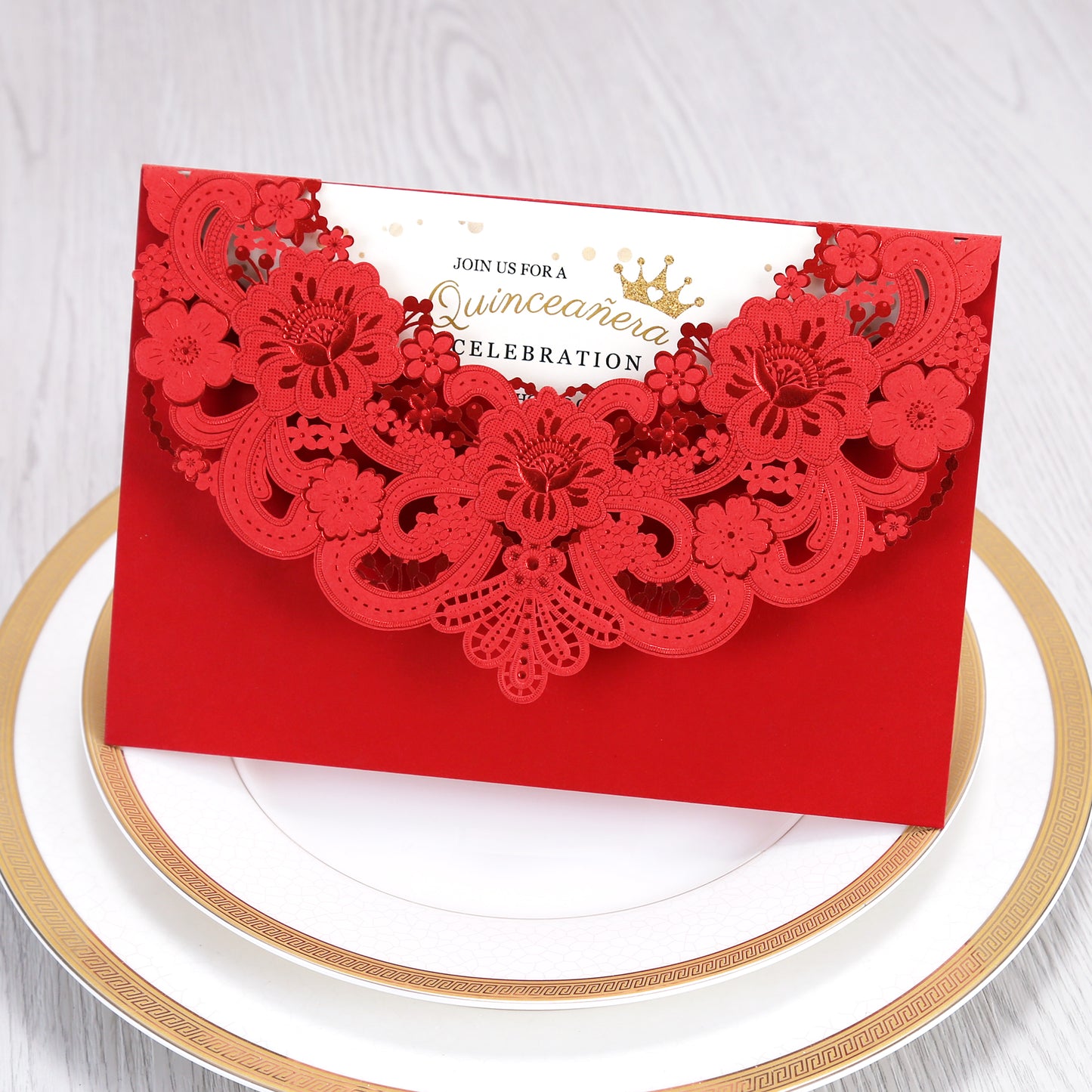 Red Hollow Flora Laser Cut Invitation Cards, Invitations
