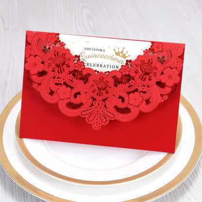 Red Hollow Flora Laser Cut Invitation Cards, Invitations - DorisHome