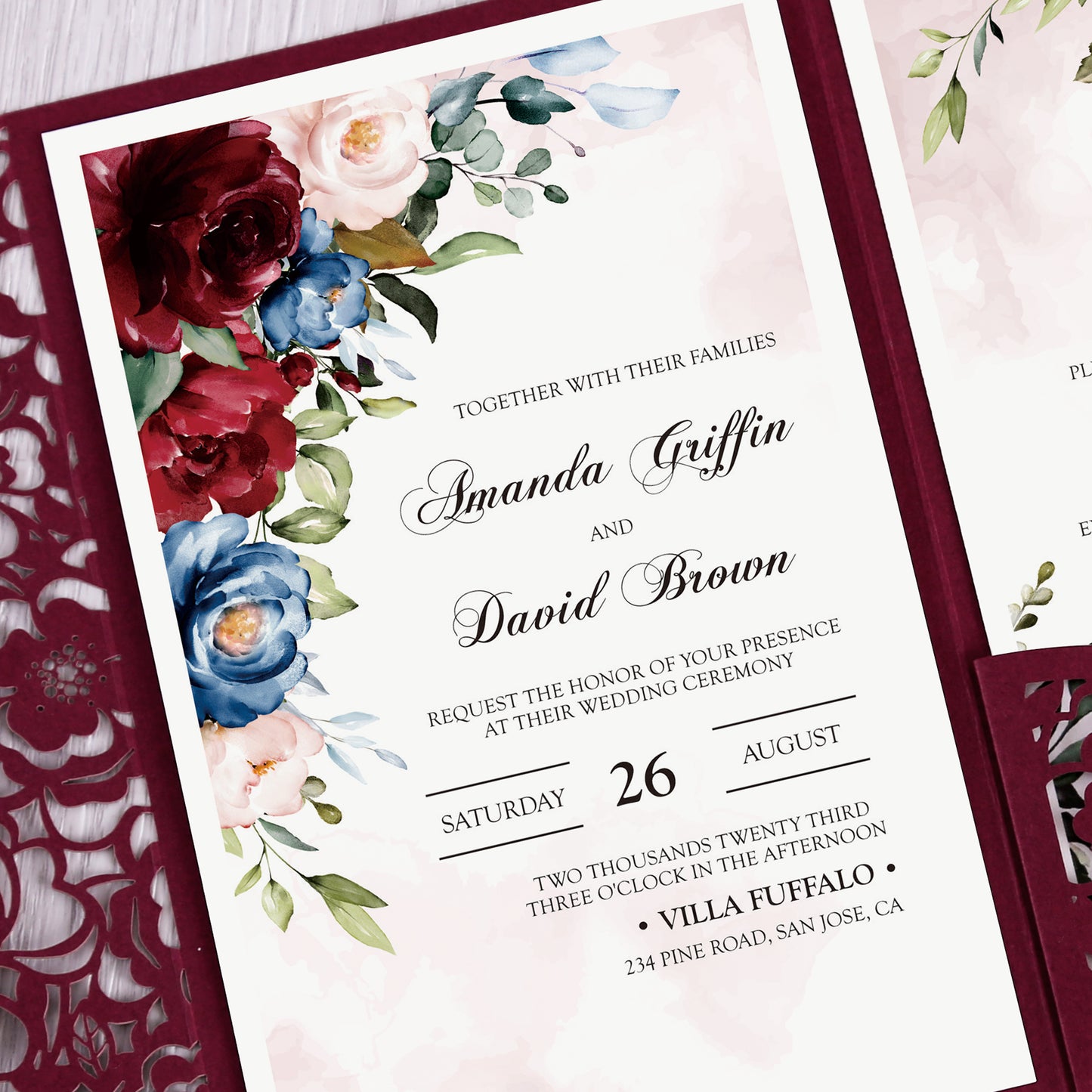 Burgundy Floral Laser cut invitation cards for Wedding