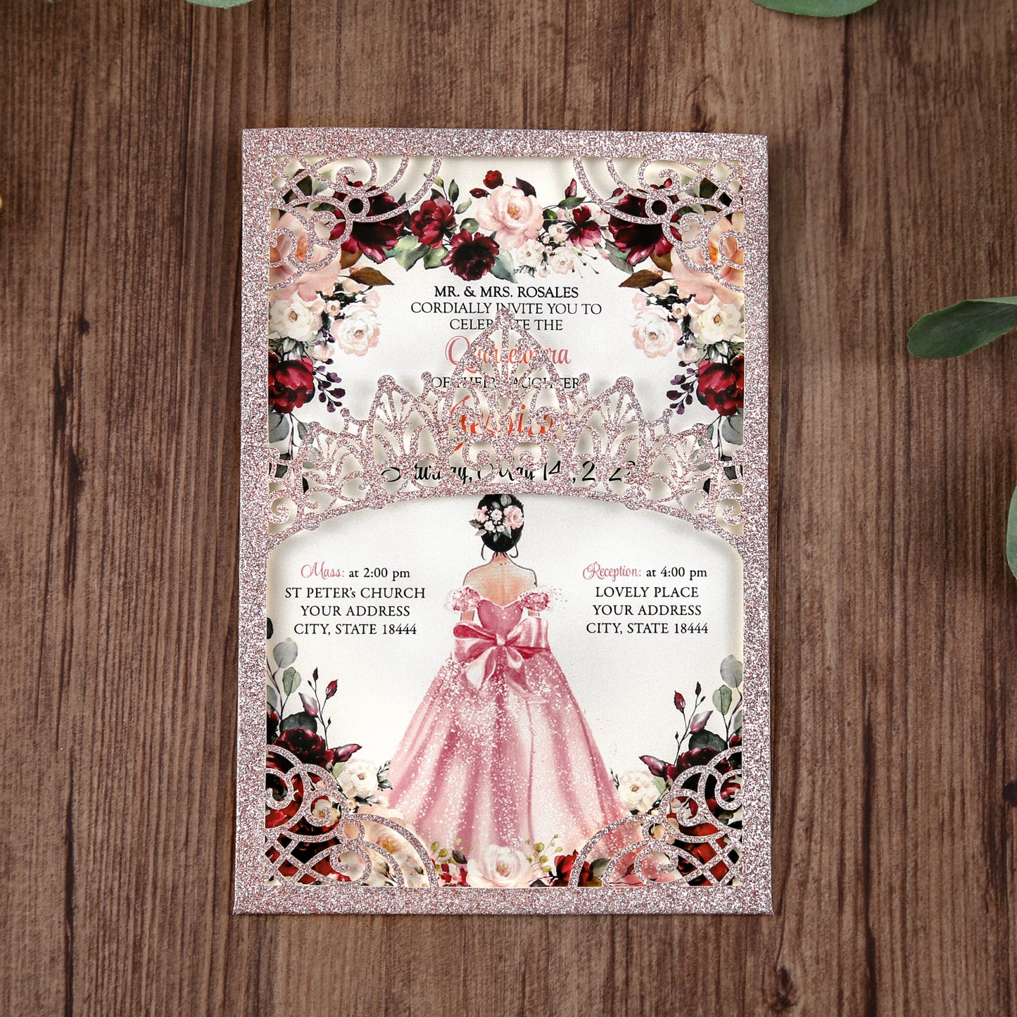 Rose Gold Glitter Invitations Greeting Cards For Quinceanera - DorisHome