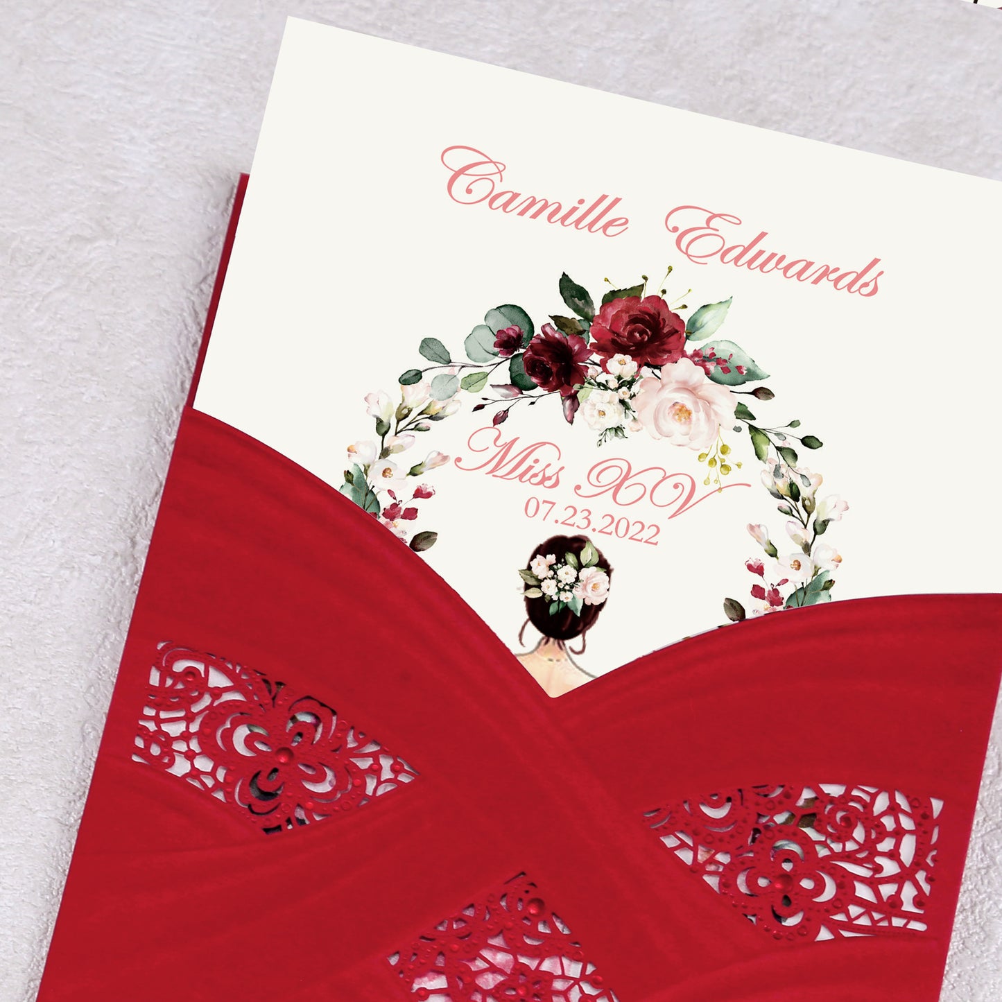 Red Vertical Laser Cut Invitation Cards for Quinceanera / Sweet 16