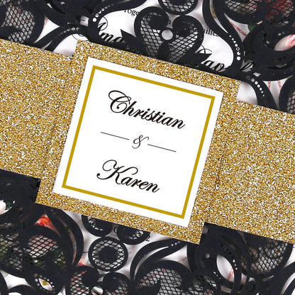 Square Black Laser Cut Lace Flower Invitations Cards - DorisHome