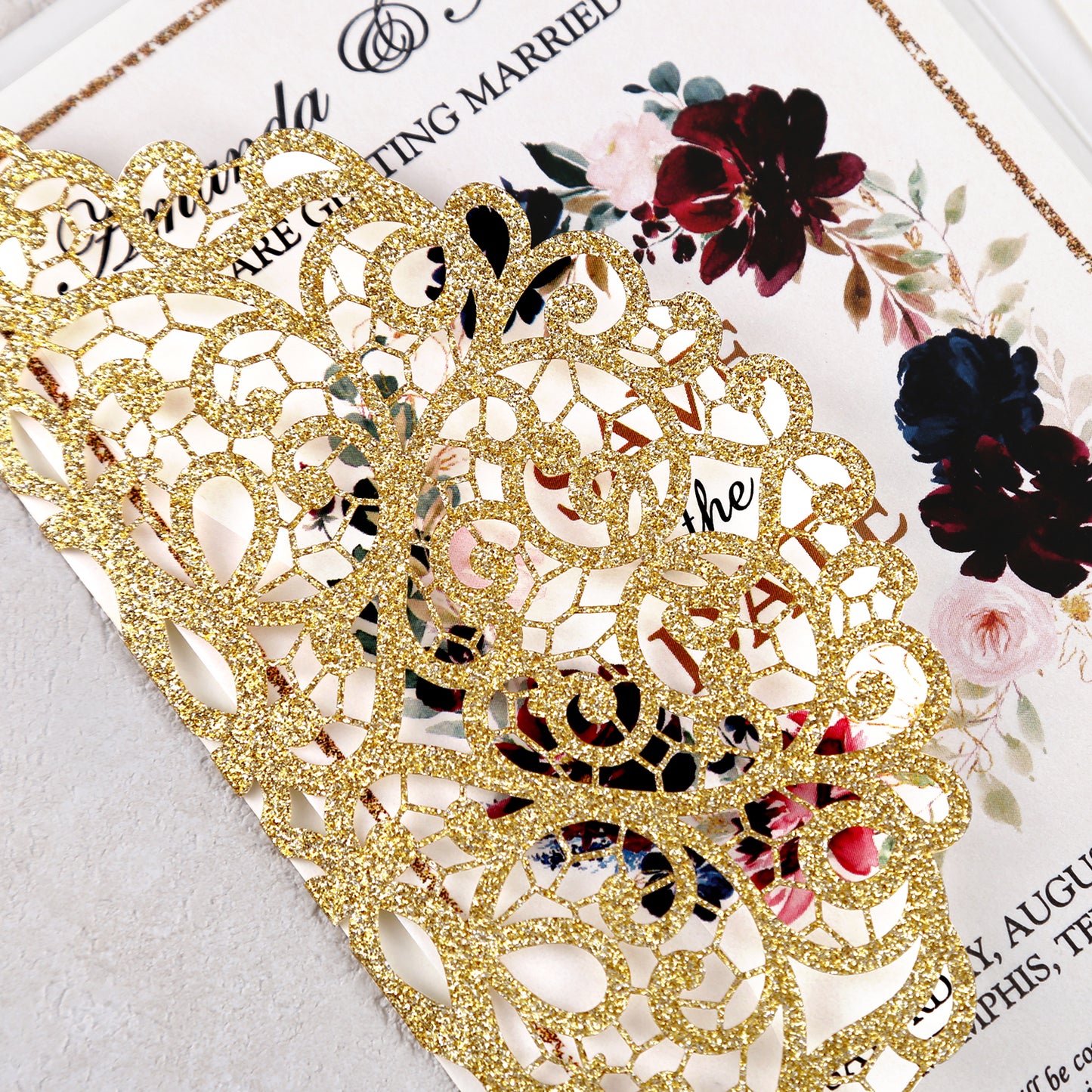 4.7 x7 inch Gold Glitter Laser Cut Hollow Rose Wedding Invitations Cards with Envelopes for Wedding Party