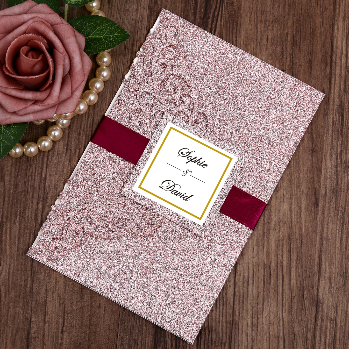 4.7 x7 inch Rose Gold Glitter Laser Cut Wedding Invitations With Envelopes Kit Hollow Rose Pocket And Burgundy Ribbon Belly Band for Wedding Bridal Shower Engagement Invite