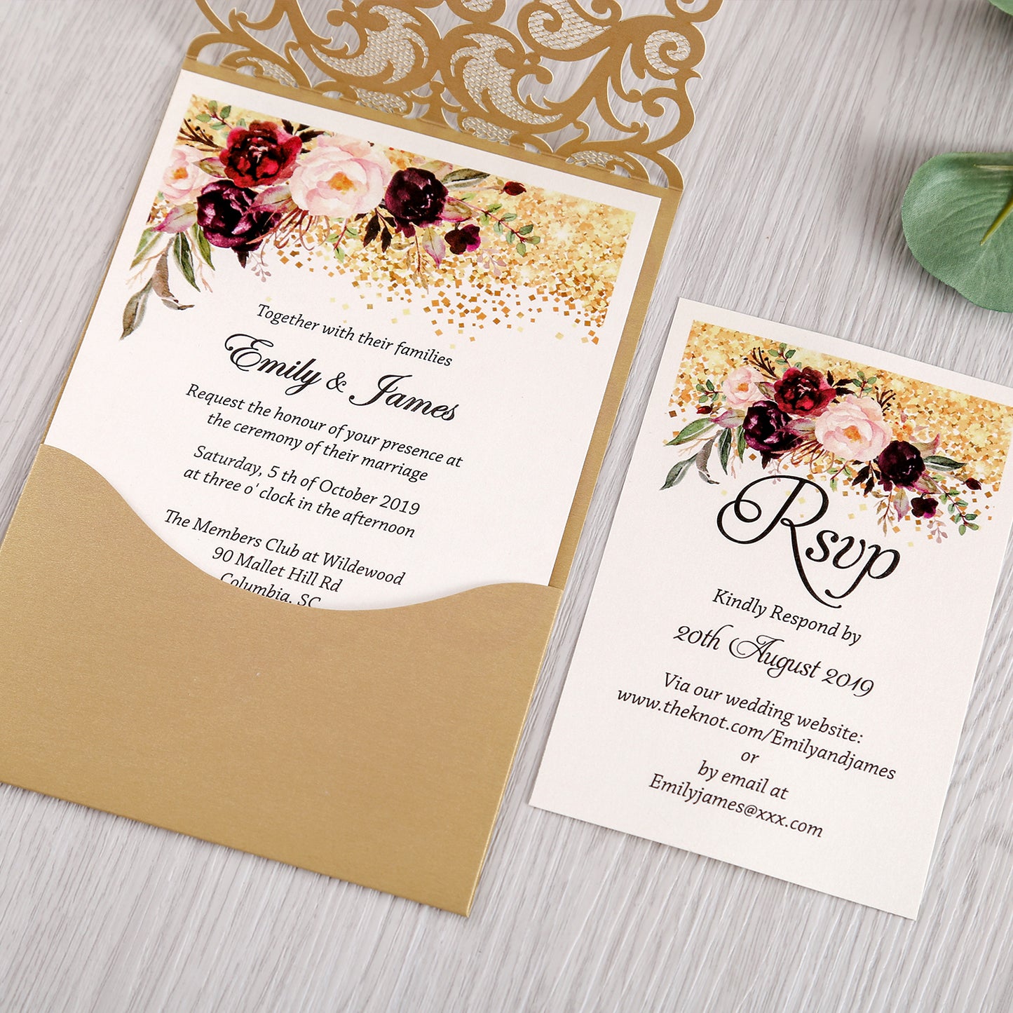 Gold Wedding Invitation With Rhinestone & Laser Cut Flower