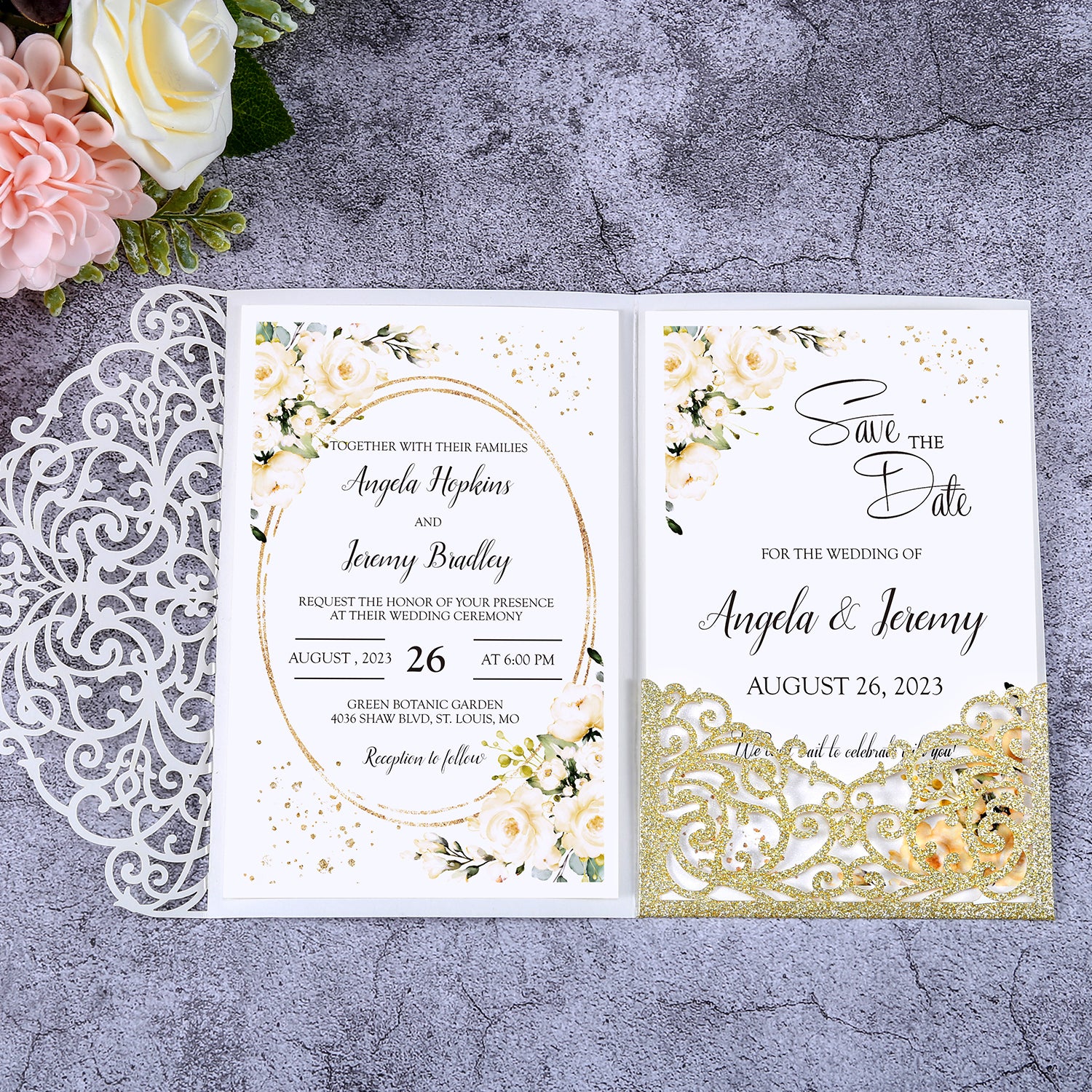 4.7 x7 inch Gold Glitter Laser Cut Hollow Rose Wedding Invitations Cards with Glitter Pockets and Envelopes for Wedding Party - DorisHome
