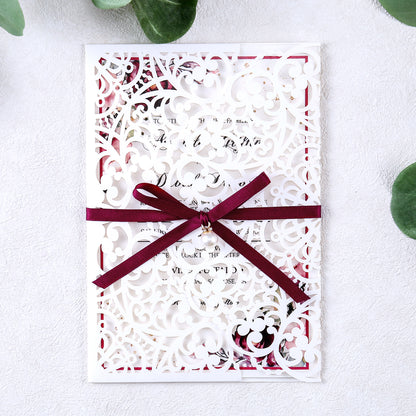5 X 7.2" Laser Cut Hollow Rose Wedding invitations Cards With Burgundy Ribbon And Envelopes For Wedding Bridal Shower Engagement - DorisHome