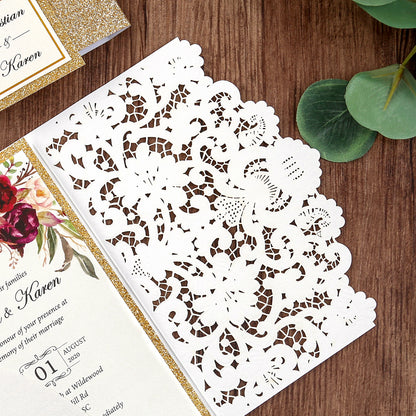 White Hollow Flora Laser Cut Invitations with Gold Glitter Border and Glitter Belly Band for wedding,bridal shower