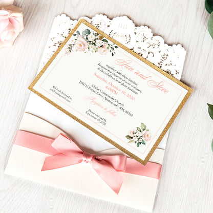 White Hollow Flora Laser Cut Invitations with Gold Glitter Border and Pink Ribbons for wedding,bridal shower - DorisHome