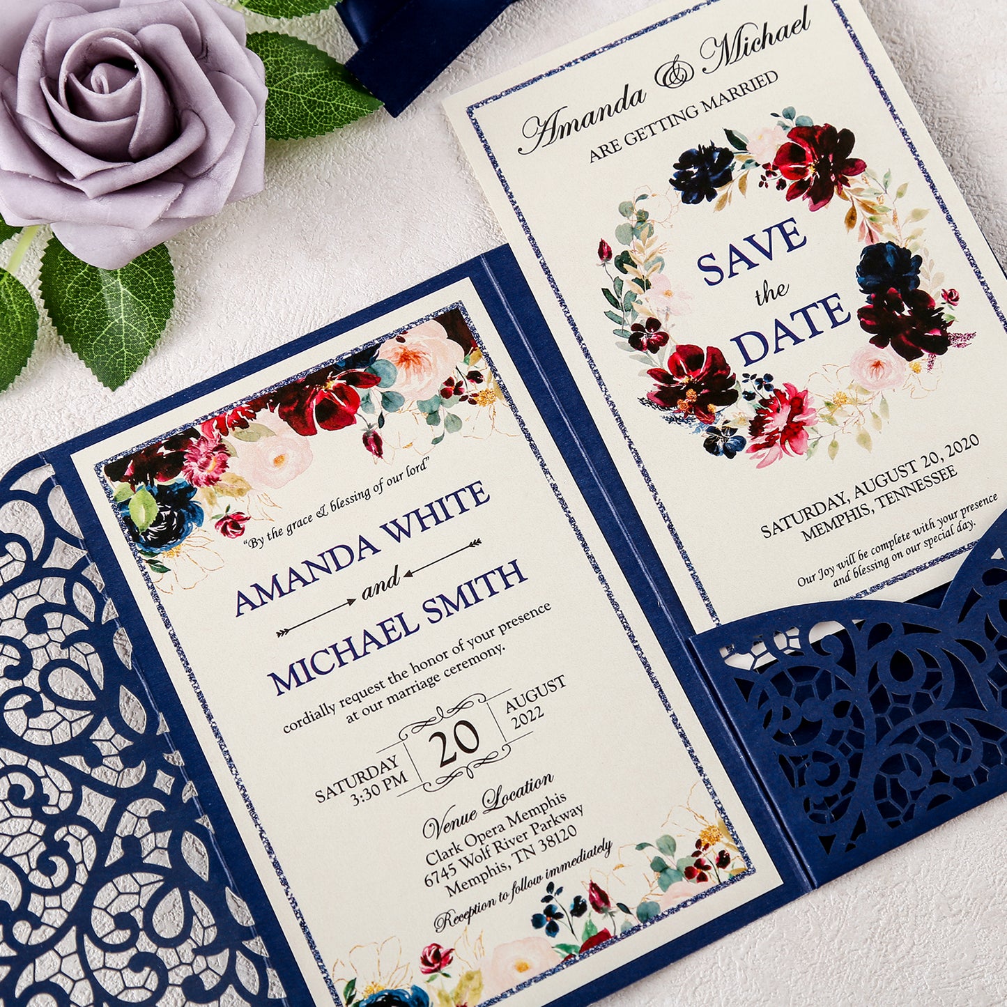 4.7 x7 inch Blue Laser Cut Hollow Rose Wedding Invitations Cards with Envelopes for Wedding Party