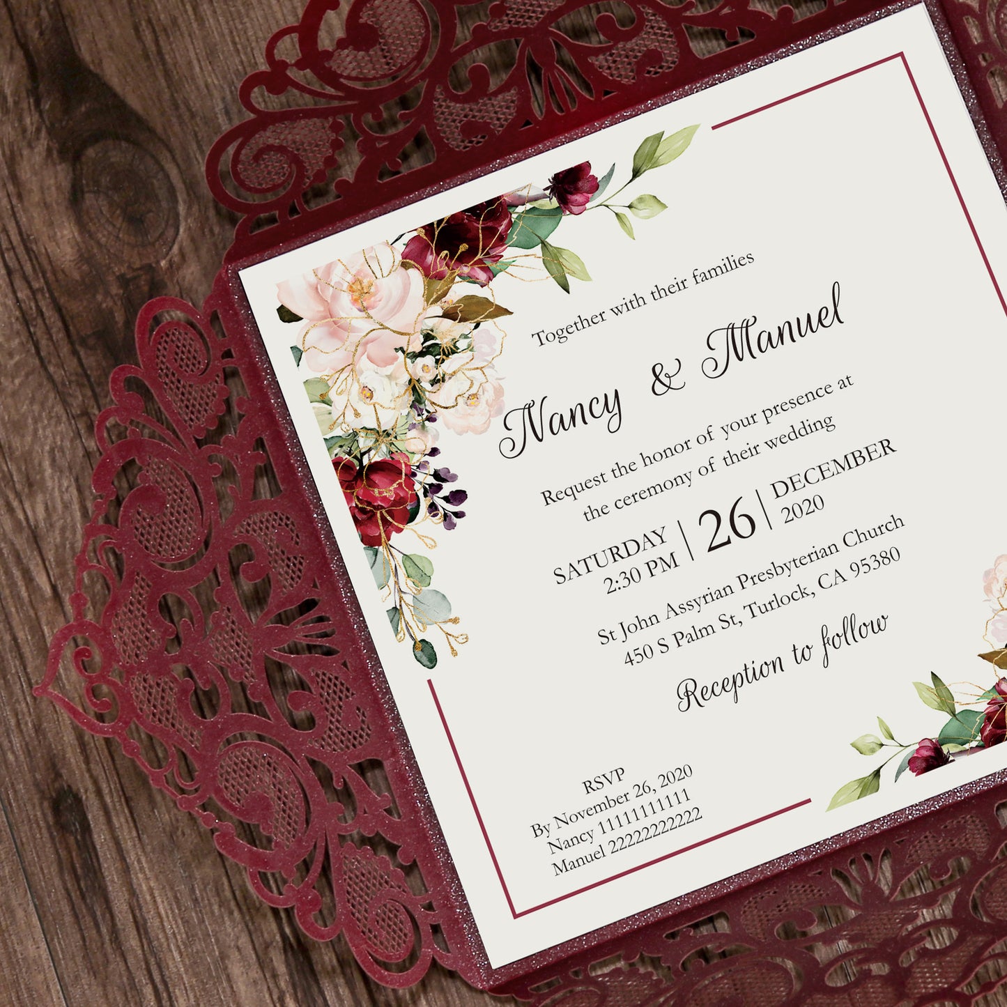 Square Burgundy Wedding Invitations with Gold Glitter Belly Band for Wedding
