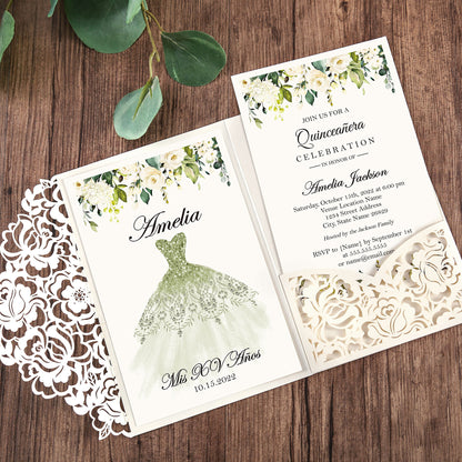 White Floral Laser cut green design invitation cards for Quinceanera
