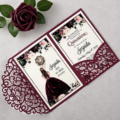 4.7 x7 inch Burgundy Laser Cut Hollow Rose Quinceanera Invitations Cards with Envelopes for Quinceanera Party