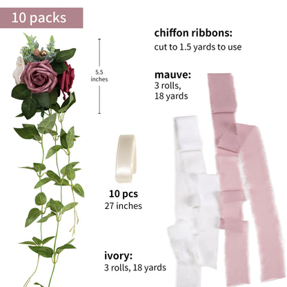 Wedding Aisle Decorations Mauve Burgundy Pew Flowers Set of 10 for Wedding Ceremony Party Chair Decor with Artificial Flowers Eucalyptus and Ribbons