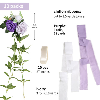 Wedding Aisle Decorations Purple Pew Flowers Set of 10 for Wedding Ceremony Party Chair Decor with Artificial Flowers Eucalyptus and Ribbons