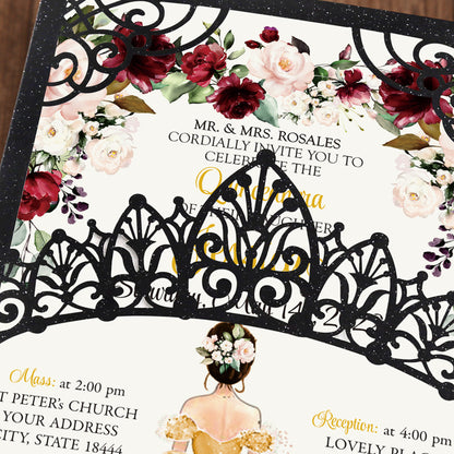 Pearlized Black Invitations Purple Greeting Cards For Quinceanera