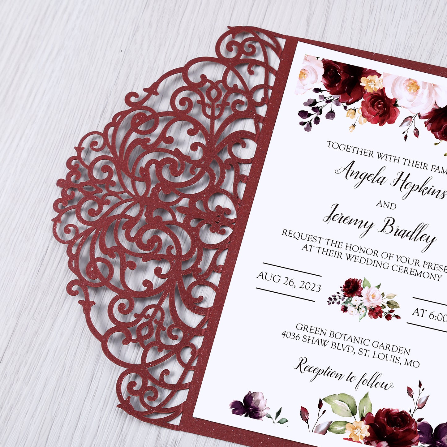 4.7 x7 inch Burgundy Laser Cut Hollow Rose Wedding Invitations Cards with Envelopes for Wedding Party - DorisHome