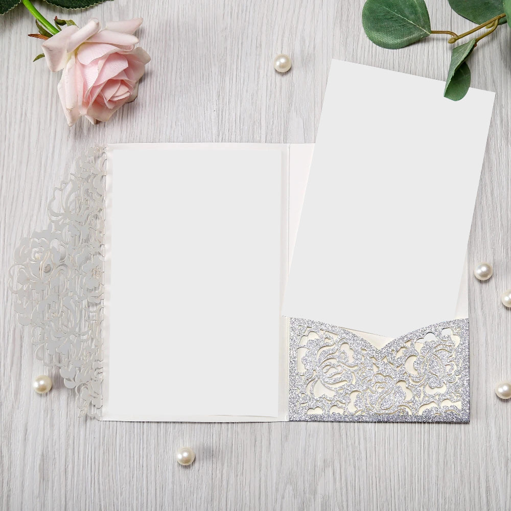 Glitter Silver Floral Laser cut invitation cards for Wedding - DorisHome