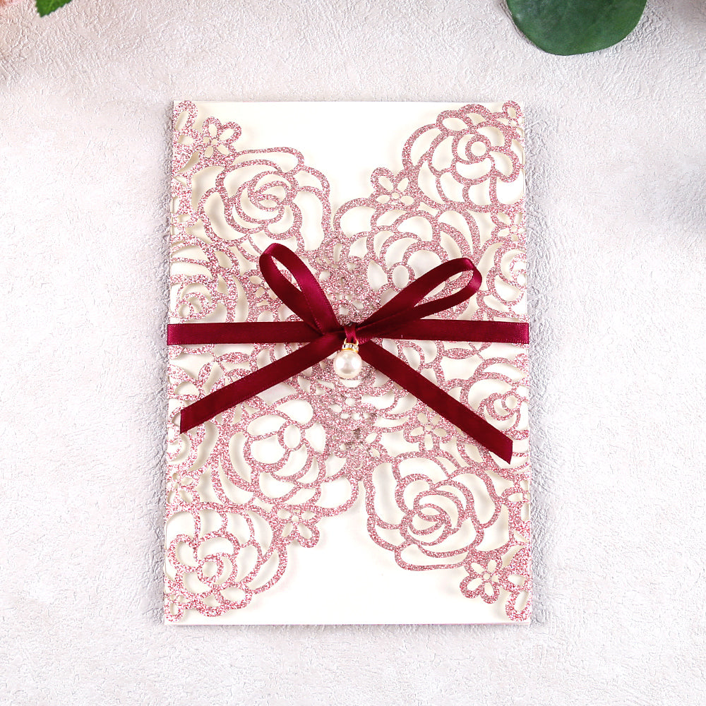 Rose Gold Glitter Floral Laser cut invitation cards with Burgundy Ribbon and Pearl for Wedding Anniversary - DorisHome