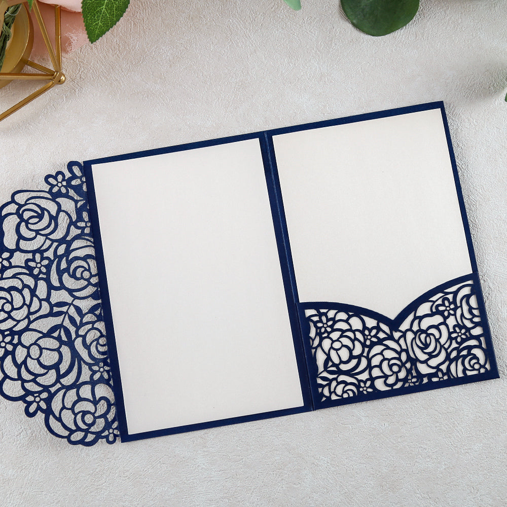 4.7 x7 inch Blue Laser Cut Hollow Rose Wedding Invitations Cards with Pearlized Pockets and Envelopes for Wedding Bridal Shower - DorisHome