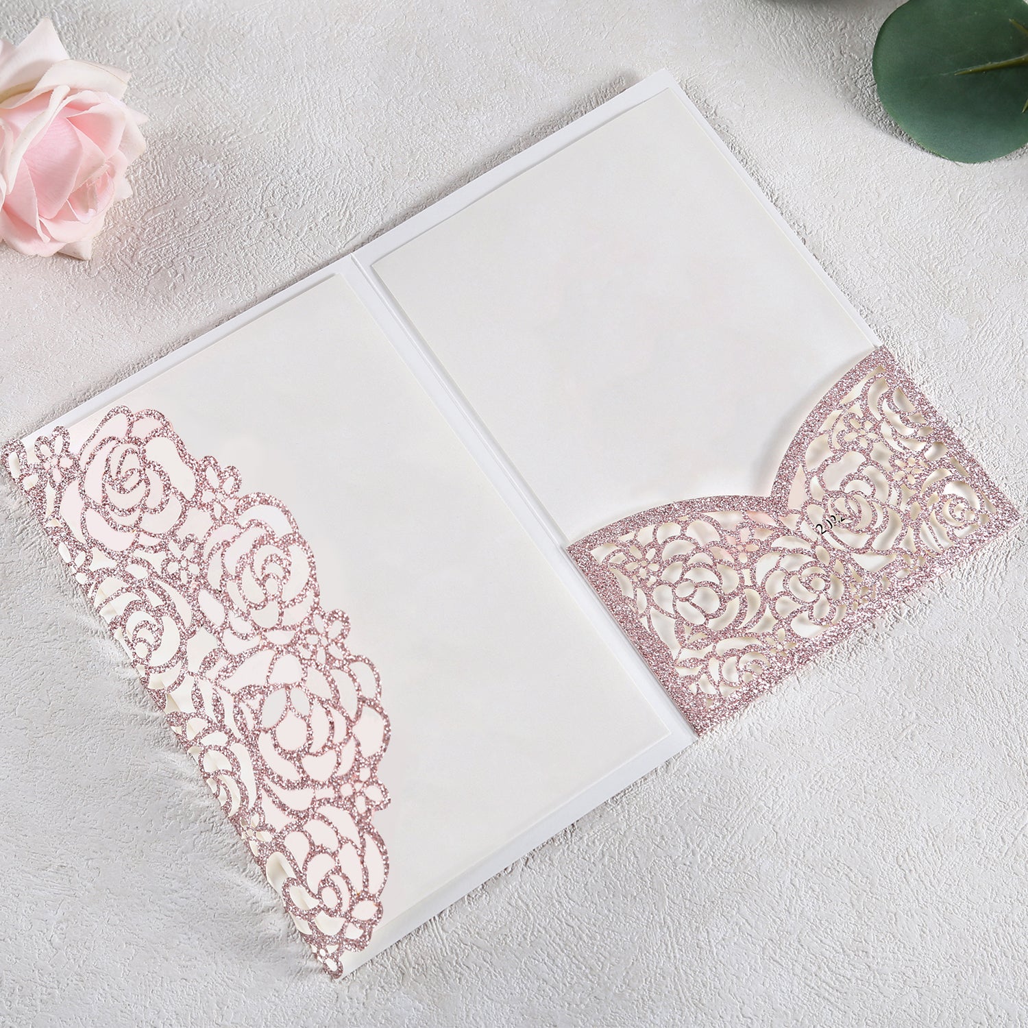 4.7 x7 inch Rose Gold Glitter Laser Cut Hollow Rose Wedding Invitations Cards with Glitter Pockets and Envelopes for Quincenera Birthday Party - DorisHome