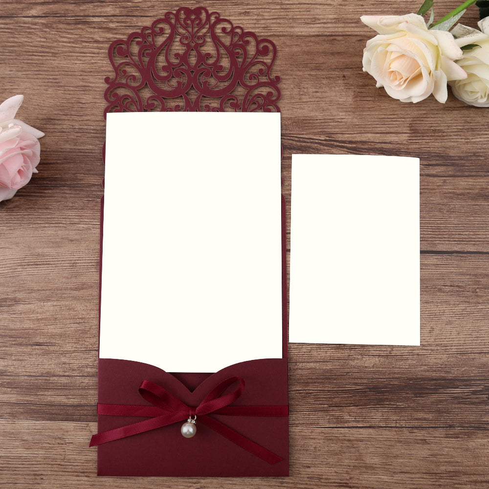 Burgundy Floral Laser cut invitation cards with ribbon bellyb band and pearl for wedding - DorisHome