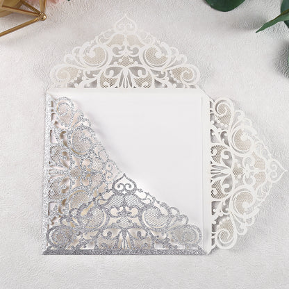 Square Glitter Sliver Wedding Invitations with Burgundy Ribbon Belly Band for Wedding - DorisHome