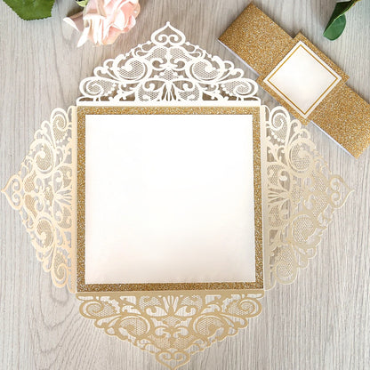 Square Ivory Wedding Invitations with Gold Glitter Border with Gold Band for Wedding, Bridal Shower, Dinner, Party - DorisHome