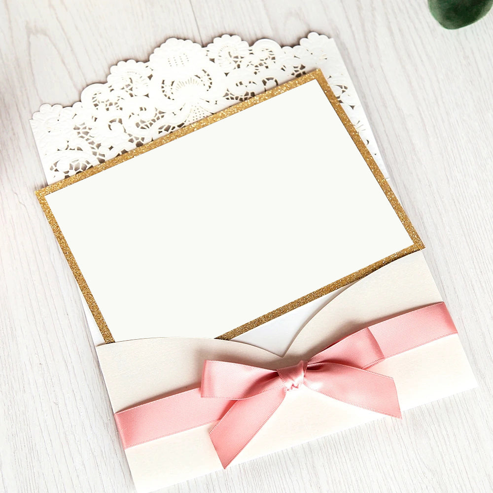 White Hollow Flora Laser Cut Invitations with Gold Glitter Border and Pink Ribbons for wedding,bridal shower - DorisHome