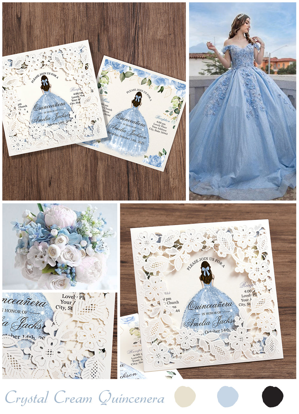 Customized Quinceanera Invitation Dusty Blue, Elegant 15 years Invitations Sweet 16, Miss XV, Birthday Laser Cut Quince Invitation Cards White Personalized