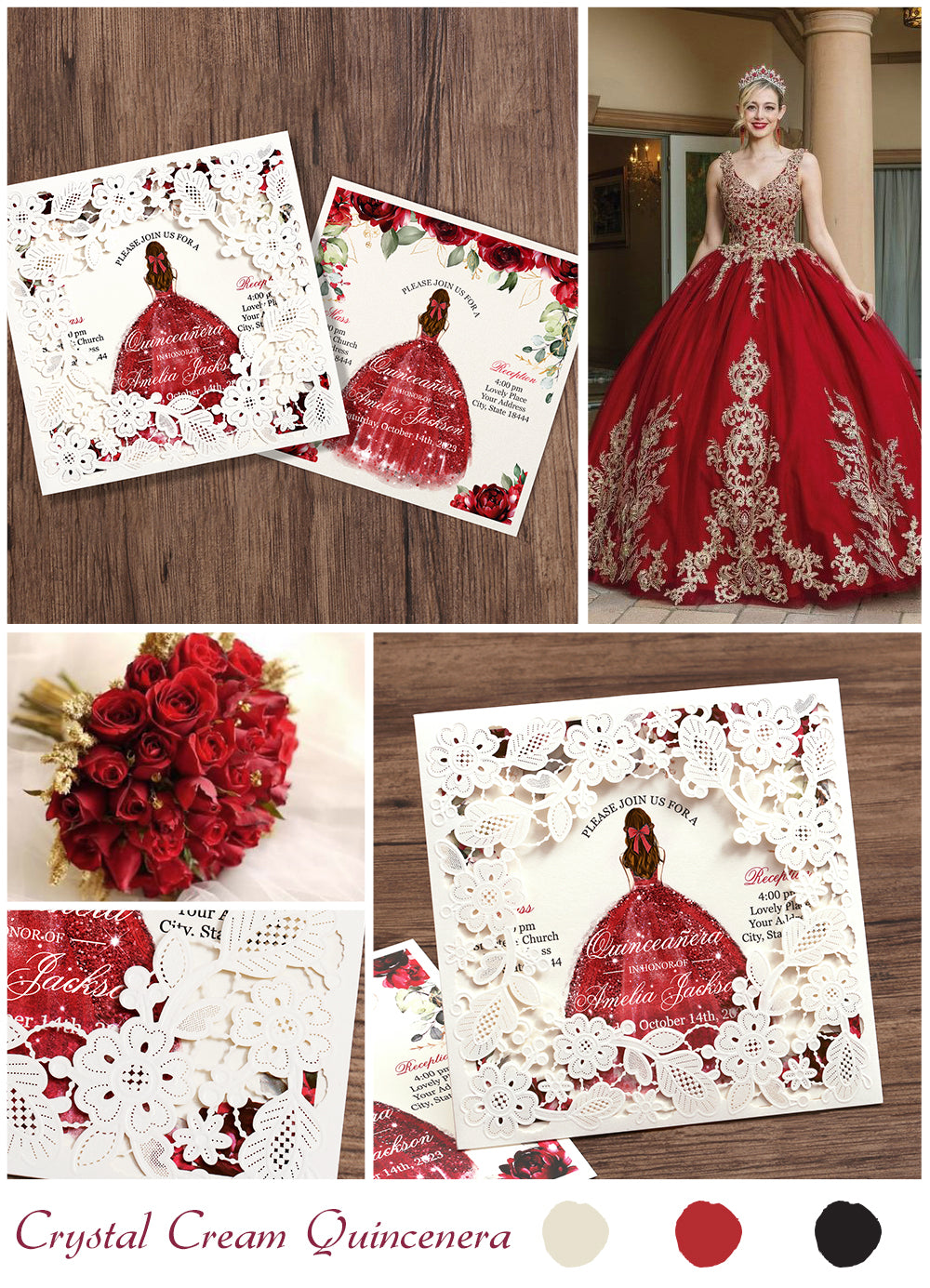 Customized Quinceanera Invitation Red, Elegant 15 years Invitations Sweet 16, Miss XV, Birthday Laser Cut Quince Invitation Cards White Personalized