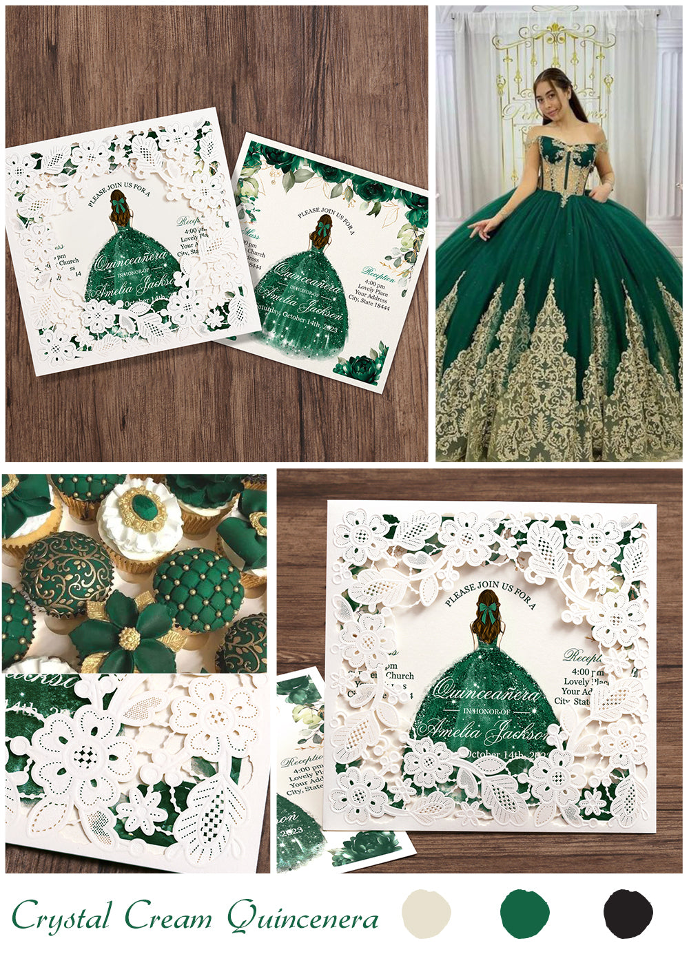 Customized Quinceanera Invitation Emerald Green, Elegant 15 years Invitations Sweet 16, Miss XV, Birthday Laser Cut Quince Invitation Cards White Personalized