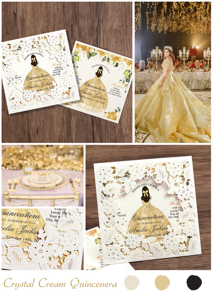 Customized Quinceanera Invitation Gold, Elegant 15 years Invitations Sweet 16, Miss XV, Birthday Laser Cut Quince Invitation Cards White Personalized