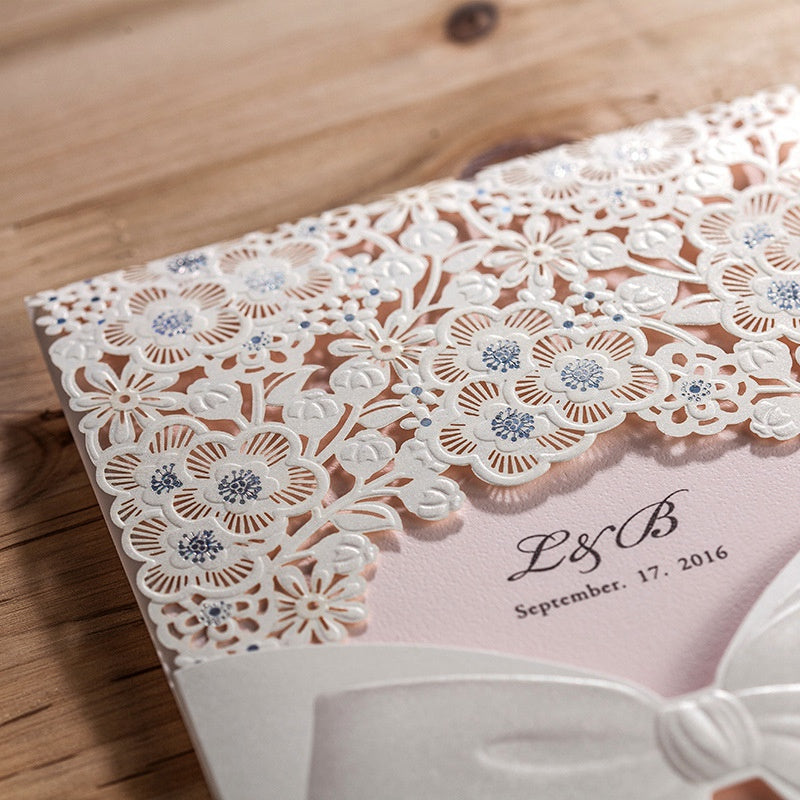 100pcs Vertical Laser Cut White Hollow Flora Wedding Invitation with envelope,with insert - DorisHome