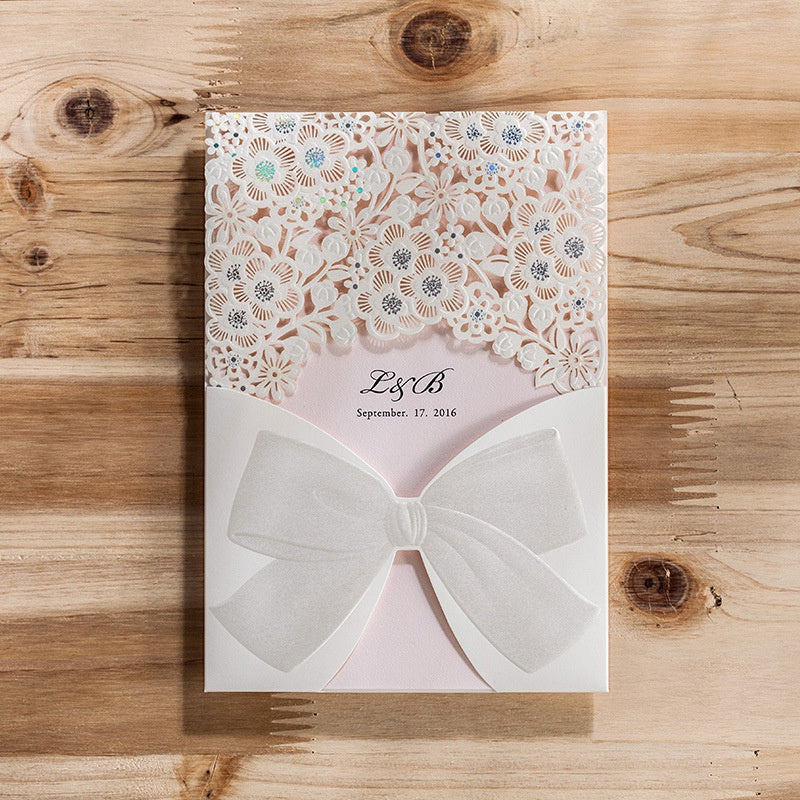 100pcs Vertical Laser Cut White Hollow Flora Wedding Invitation with envelope,with insert - DorisHome