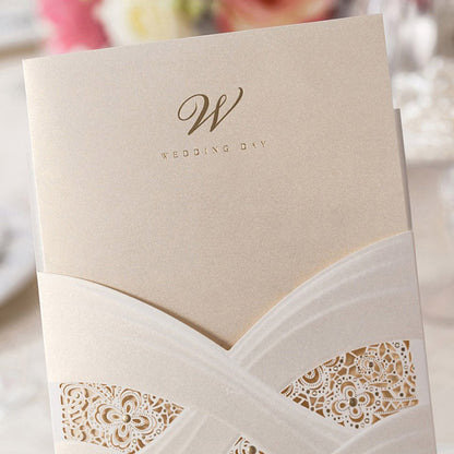 Vertical Laser Cut Ivory White Hollow Flora Wedding Invitation - DorisHome